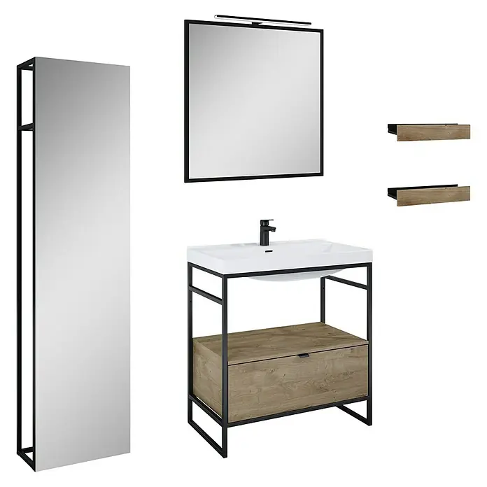 Inspira Badmöbel-Set DC1 - 7 -tlg., 80 cm, White/Canela Oak/Black, Form: Rechteckig - Badezimmerset mit Waschtischunterschrank, Spiegel und Regalen. Das Set besticht durch sein modernes Design und die hochwertige Verarbeitung.