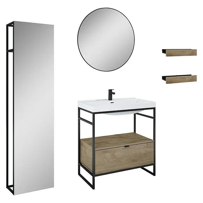 Inspira Badmöbel-Set DC2 - 7 -tlg., 80 cm, White/Canela Oak/Black, Form: Rund - Dieses Bild zeigt ein modernes Badezimmerset mit Waschtisch, Spiegel und Regalen in Schwarz und Holzoptik.