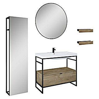 Inspira Badmöbel-Set DD2 (7 -tlg., 100 cm, White/Canela Oak/Black, Matt, Form: Rund)