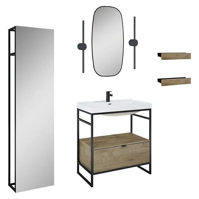Inspira Badmöbel-Set DF1 - 9 -tlg., 80 cm, White/Canela Oak/Black, Form: Gebogen - Badezimmer-Set mit Waschtisch, Spiegel und Regalen. Das Set besticht durch sein modernes Design mit schwarzen Akzenten und Holzdetails.