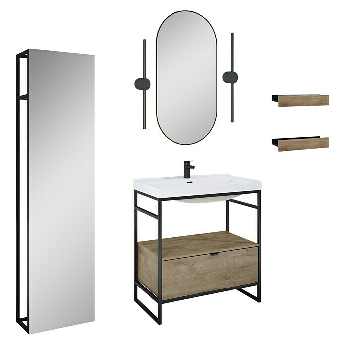 Inspira Badmöbel-Set DF2 (9 -tlg., 80 cm, White/Canela Oak/Black, Form: Oval) | BAUHAUS