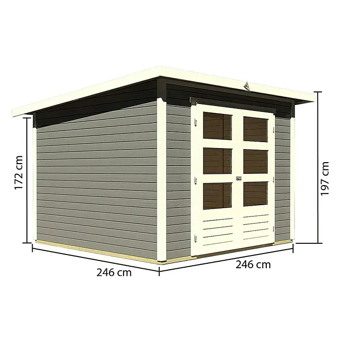 Karibu Gartenhaus Stockach 4 - Außenmaß inkl. Dachüberstand (B x T): 282 x 282 cm, Holz, Terragrau - Darstellung eines Gerätehauses mit den Maßen 246 x 246 x 197 cm und einer Seitenhöhe von 172 cm.