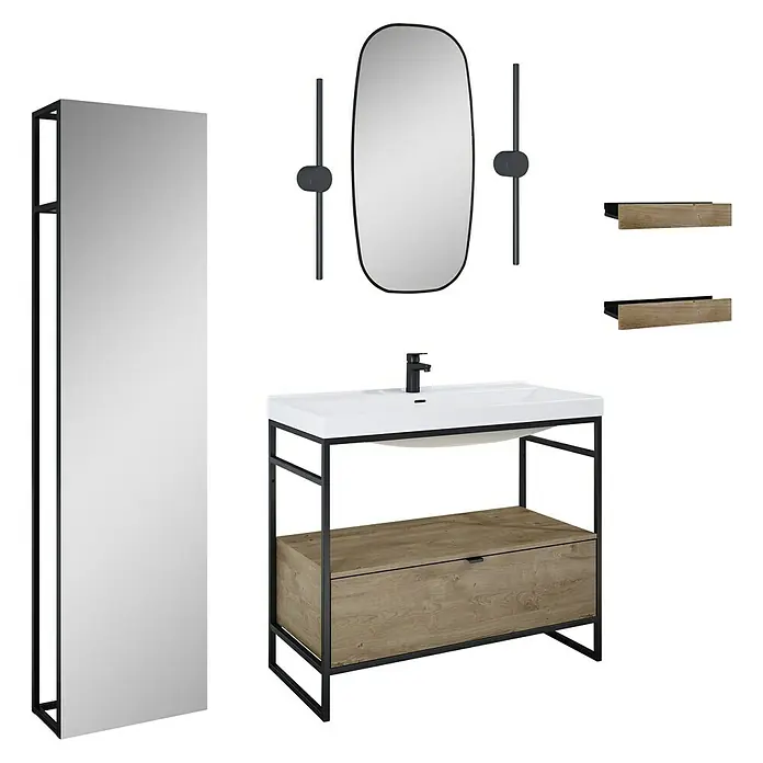 Inspira Badmöbel-Set DG1 - 9 -tlg., 100 cm, White/Canela Oak/Black, Form: Gebogen - Badezimmerset mit Waschtischunterschrank, Spiegel und Regalen in modernem Design. Elegante Badmöbel für ein stilvolles Ambiente.