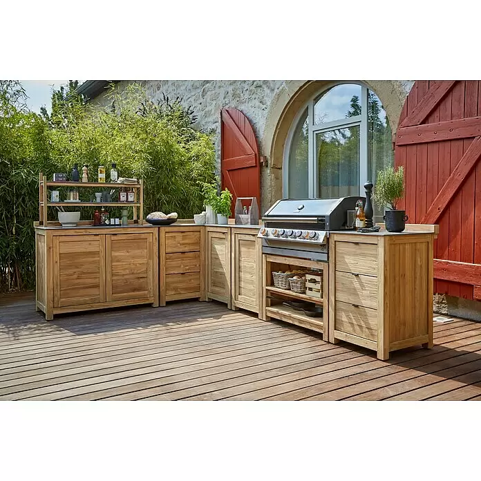 Sunfun Zoe Outdoorküchen-Modul Eckschrank - Braun, B x T x H: 120 x 120 x 92 cm, Teakholz - Stimmungsaufnahme
