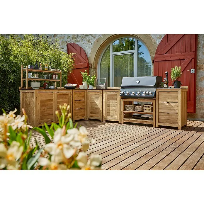 Sunfun Zoe Outdoorküchen-Modul Schrank - Braun, B x T x H: 58 x 63 x 92 cm, Teakholz - Außenküche aus Teakholz mit Grill, Arbeitsflächen und Stauraum. Perfekt für kulinarische Erlebnisse im Freien.