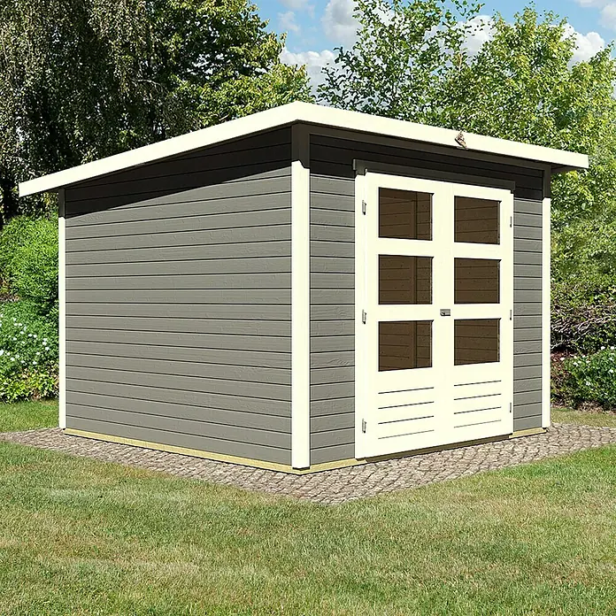 Karibu Gartenhaus Stockach 4 - Außenmaß inkl. Dachüberstand (B x T): 282 x 282 cm, Holz, Terragrau - Das Bild zeigt ein modernes Gartenhaus mit Doppeltür und Flachdach, ideal für die Aufbewahrung von Gartengeräten und Werkzeugen im Außenbereich.