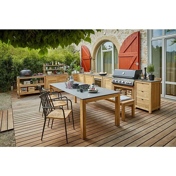 Sunfun Zoe Módulo de cocina exterior Armario con cajones - Marrón, An x Pr x Al: 58 x 63 x 92 cm, Madera de teca - El espacio exterior está amueblado con una moderna cocina exterior y mesa de comedor, perfecto para disfrutar al aire libre.