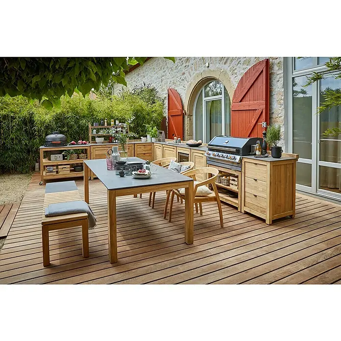 Sunfun Zoe Módulo de cocina exterior Armario con cajones - Marrón, An x Pr x Al: 58 x 63 x 92 cm, Madera de teca - Muebles de patio de madera con parrilla y mesa de comedor en una terraza de madera, ideales para comer al aire libre.