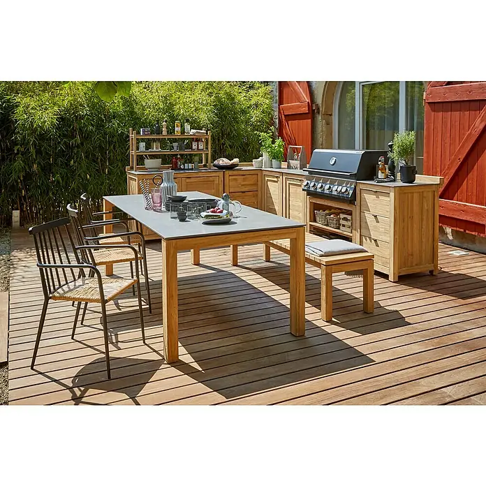 Sunfun Zoe Módulo de cocina exterior Armario con cajones - Marrón, An x Pr x Al: 58 x 63 x 92 cm, Madera de teca - Configuración de cocina exterior con parrilla, fregadero y mesa de comedor con sillas en un patio de madera, ideal.