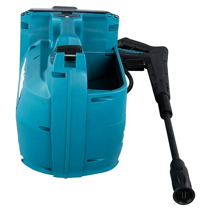 Makita LXT 18V Akku-Hochdruckreiniger DHW080ZK - 36 V, Ohne Akku, 80 bar, Fördermenge: 380 l/h - Abgebildeter, tragbarer Makita-Hochdruckreiniger, blaugrün mit schwarzem Griff.