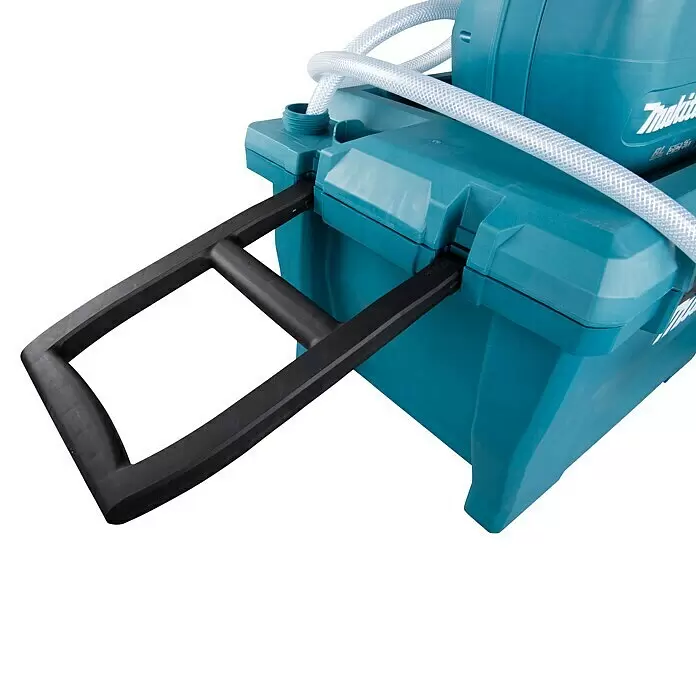 Makita LXT 18V Akku-Hochdruckreiniger DHW080ZK - 36 V, Ohne Akku, 80 bar, Fördermenge: 380 l/h - Türkisblaues tragbares Elektrowerkzeug mit schwarzem Tragegriff und transparentem geripptem Schlauch.