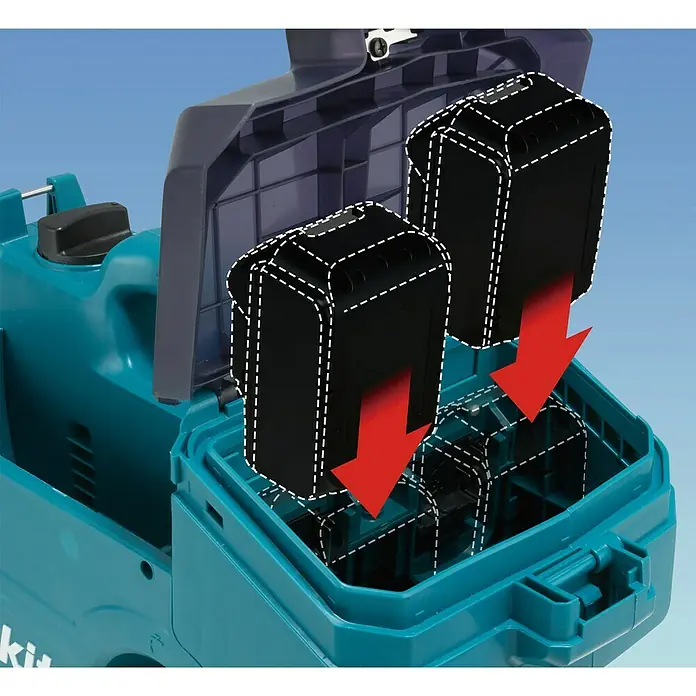 Makita LXT 18V Akku-Hochdruckreiniger DHW080ZK - 36 V, Ohne Akku, 80 bar, Fördermenge: 380 l/h - Darstellung eines Akku-Gebläses mit zwei eingesetzten Akkus, die durch rote Pfeile hervorgehoben werden.