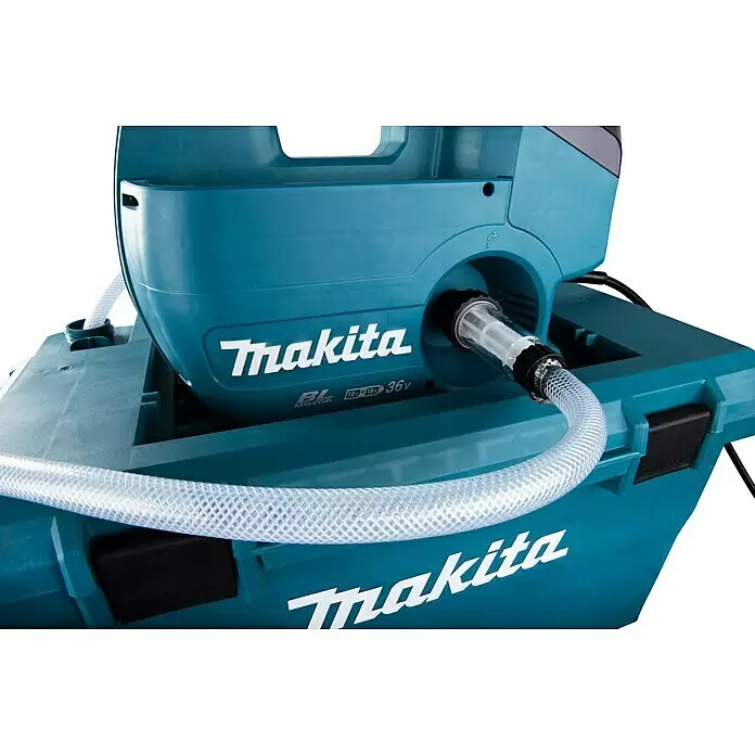 Makita LXT 18V Akku-Hochdruckreiniger DHW080ZK - 36 V, Ohne Akku, 80 bar, Fördermenge: 380 l/h - Makita Hochdruckreiniger in Türkis mit transparentem Schlauch und angeschlossenem Filter, mit Marken- und Motordetails.
