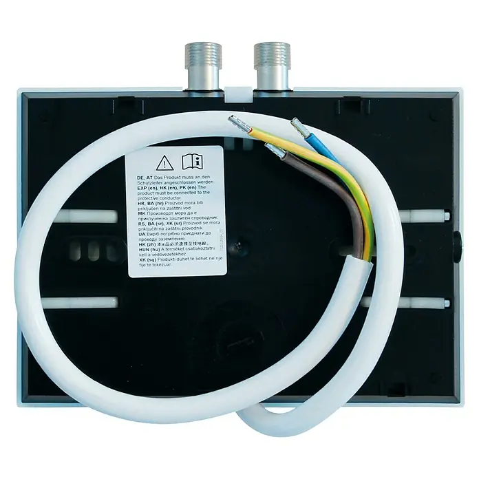 Vaillant Kleindurchlauferhitzer - 3,5 kW, Hydraulisch, Offen - Rückseite eines weißen Sanitärprodukts mit Kabeln und Anschlüssen.