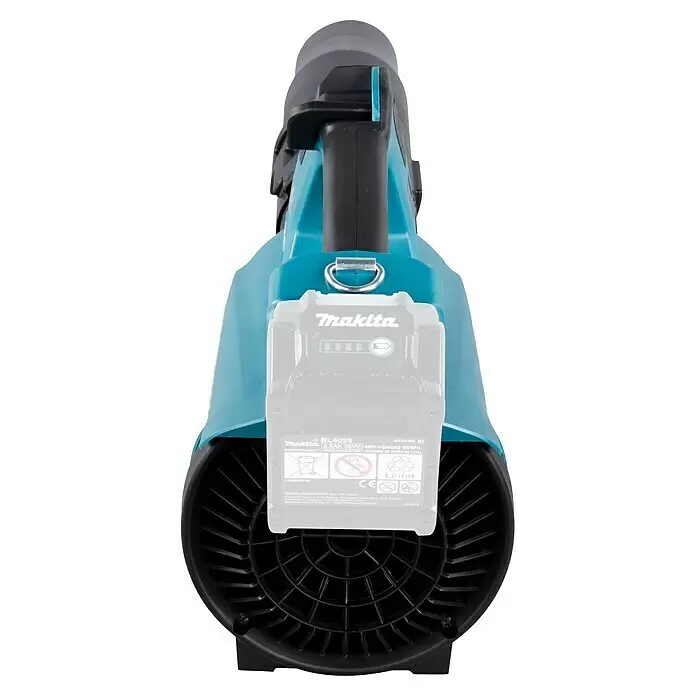 Makita Akku-Laubbläser UB001GZ - 40 V, Ohne Akku, Blasgeschwindigkeit: 53 m/s - Rückansicht eines türkis-schwarzen Makita Laubbläsers mit Akku, zeigt den Lüftereinlass.