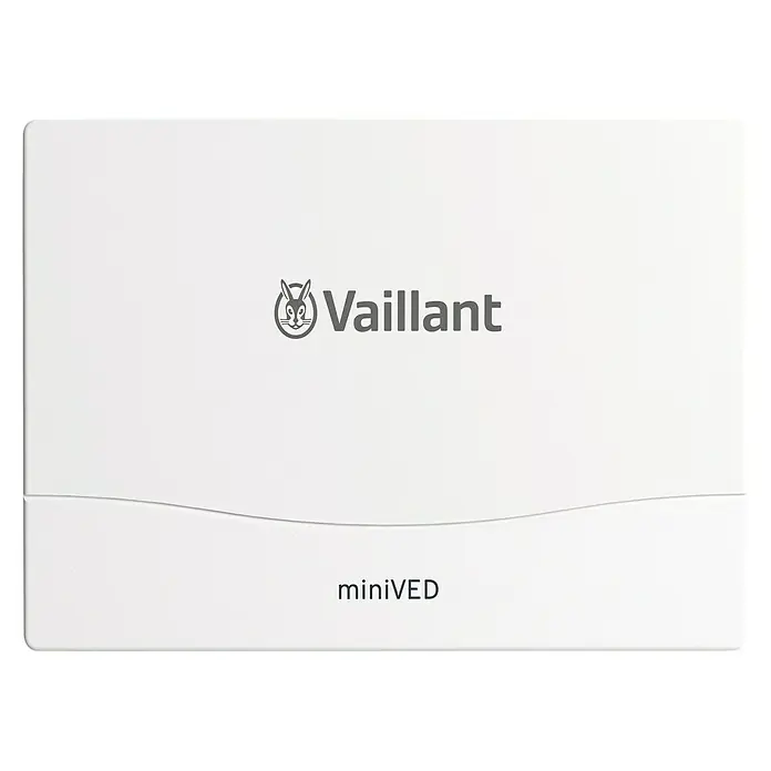 Vaillant Kleindurchlauferhitzer - 3,5 kW, Hydraulisch, Offen - Abbildung eines Vaillant miniVED Warmwasserbereiters in Weiß mit dem Vaillant-Logo und dem miniVED-Schriftzug.