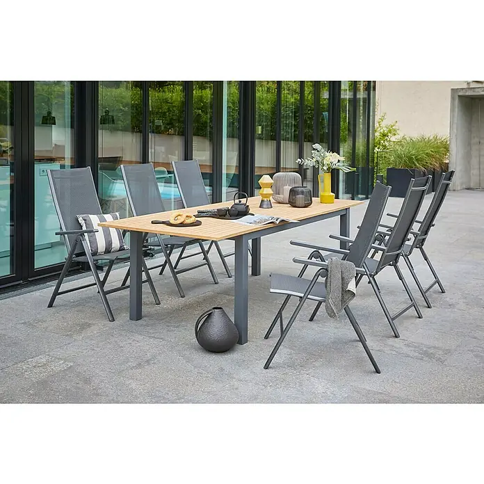 Sunfun Gartenmöbel-Set Carina/Maja Slim - 7 -tlg., Akazie, Textilen, Aluminium, Stahl, Naturbraun/Anthrazit - Ein moderner Gartentisch mit Stühlen, ideal für Mahlzeiten im Freien. Das Set bietet stilvollen Komfort für entspannte Stunden im Garten.