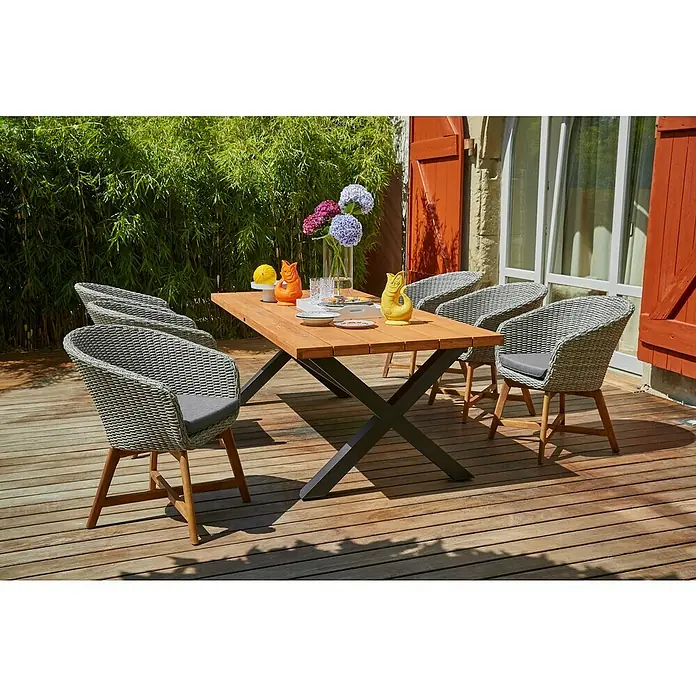 Gartentisch - L x B x H: 220 x 100 x 76 cm, Aluminium, Robinie, Rechteckig, Naturbraun/Schwarz - Gartentisch mit Rattanstühlen auf Holzterrasse. Eine einladende Sitzgruppe für den Außenbereich.