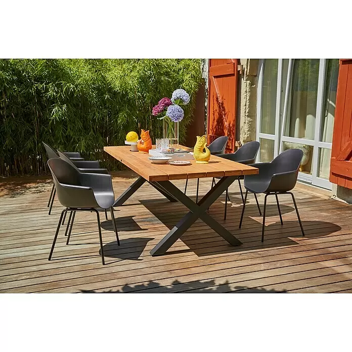 Sunfun Gartenmöbel-Set My - 7 -tlg., Robinie/Aluminium, Metall/Kunststoff, Anthrazit/Schwarz - Esstisch aus Holz mit dunkelgrauen Stühlen im Freien auf einer Terrasse, für eine Mahlzeit gedeckt.