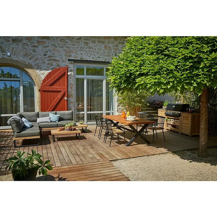 Sunfun Zoe Módulo de cocina exterior Armario con cajones - Marrón, An x Pr x Al: 58 x 63 x 92 cm, Madera de teca - Patio con muebles de salón, mesa de comedor con sillas y barbacoa bajo un árbol. Mobiliario de exterior para relajarse y disfrutar.