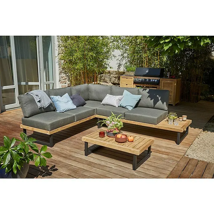 Sunfun Zoe Módulo de cocina exterior Armario con cajones - Marrón, An x Pr x Al: 58 x 63 x 92 cm, Madera de teca - El sofá modular de jardín invita a quedarse. Incluye una mesa de centro con espacio para bebidas y decoración.
