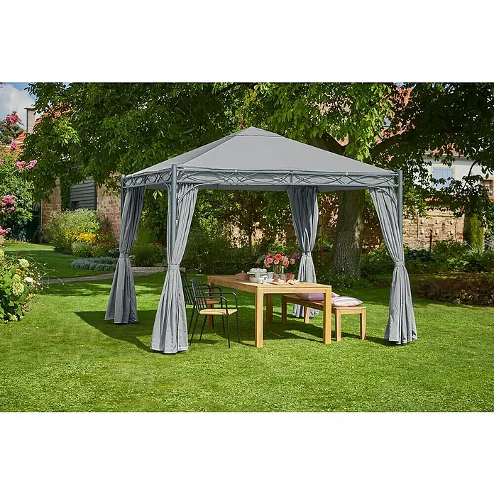 Sunfun Menorca Standard-Pavillon - B x T: 300 x 300 cm, Farbe Gestell: Anthrazit, Stahl - Ein eleganter grauer Pavillon mit Tisch und Stühlen im Garten, perfekt für entspannte Stunden im Freien.