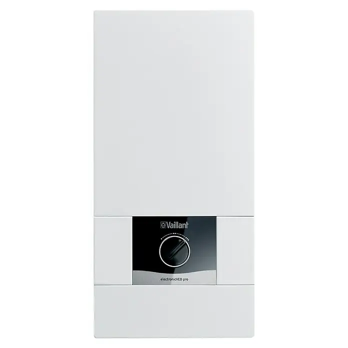 Vaillant Durchlauferhitzer VED E 24/8 B - 24 kW, Elektronisch, Geschlossen - Vaillant electronicVED pro Durchlauferhitzer: Kompaktes Design mit zentralem Drehknopf für einfache Temperaturregelung und effiziente Warmwasserbereitung.