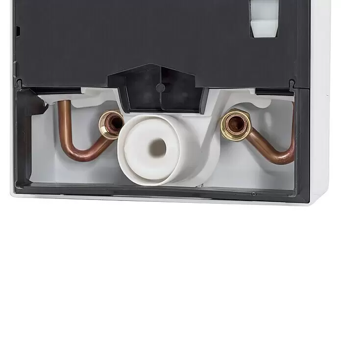 Vaillant Durchlauferhitzer VED E 24/8 B - 24 kW, Elektronisch, Geschlossen - Innenansicht eines verdeckten Sanitärsystems mit Kupferrohren, Messingarmaturen und weißen Kunststoffteilen in einem schwarz-weißen Gehäuse.