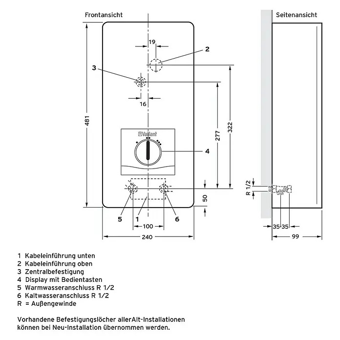 Vaillant Durchlauferhitzer VED E 24/8 B - 24 kW, Elektronisch, Geschlossen - Abbildung eines Vaillant-Geräts mit Maßangaben, einschließlich Kabelanschlüsse, Display und Warm-/Kaltwasseranschlüsse.