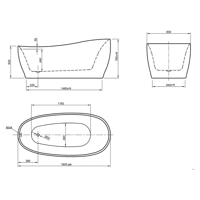 Ottofond Freistehende Badewanne Domani - L x B: 180 x 85 cm, Sanitäracryl, Rot/Weiß - Abbildung der technischen Zeichnung einer freistehenden Badewanne mit Maßangaben zu Länge, Breite und Höhe.