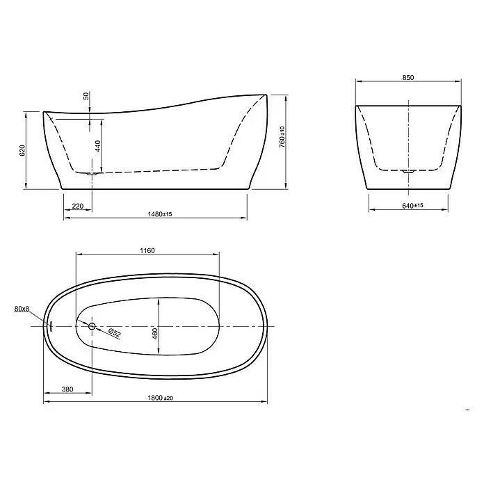 Ottofond Whirlpool Domani180 x 85 cm, Sanitäracryl, Schwarz/Weiß, Silent