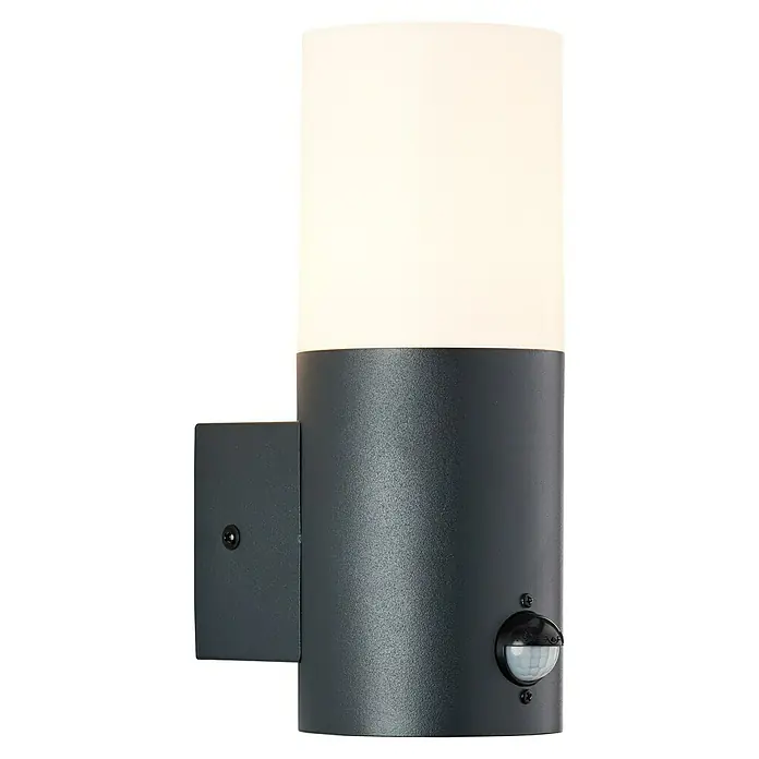 Brilliant Sensor-Außenleuchte - 28 W, 13 x 9 x 23,2 cm, Anthrazit, IP44 - Eine moderne Außenwandleuchte in Anthrazit mit Bewegungsmelder. Die Leuchte hat einen zylindrischen Schirm für eine angenehme Beleuchtung.