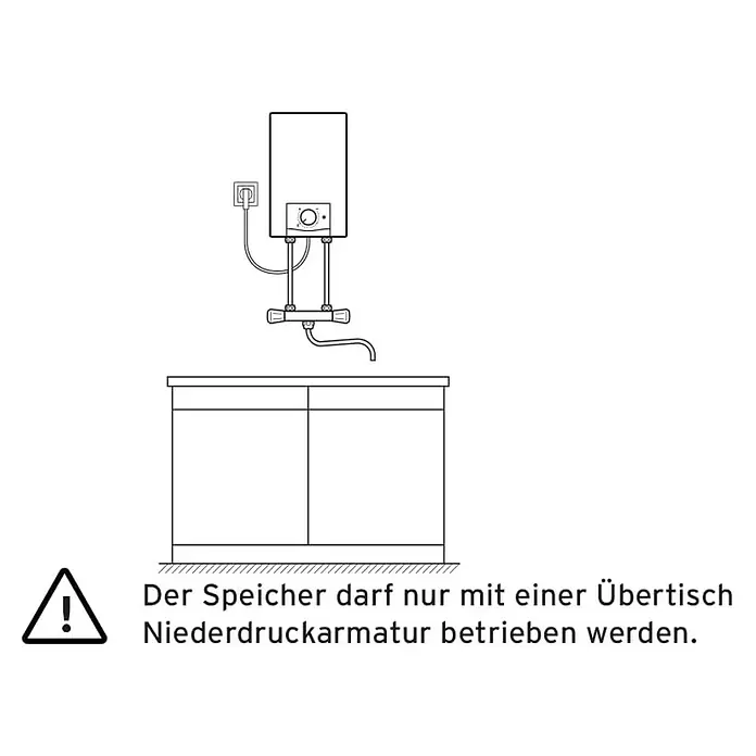 Vaillant Warmwasserspeicher VEN 5 O Plus - 5 l, 2.000 W, Temperaturbereich: 7 °C - 85 °C - Schematische Darstellung eines elektronischen Warmwasserbereiters über einem Waschtisch mit Warnhinweis zur Nutzung.