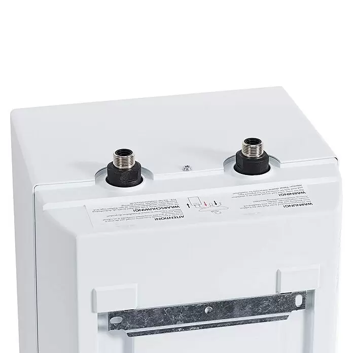 Vaillant Warmwasserspeicher VEN 5 U Plus - 5 l, 2.000 W, Temperaturbereich: 7 °C - 85 °C, Untertischmontage - Weißes rechteckiges Gerät mit zwei Gewindeanschlüssen für Wasser und mehrsprachigen Warnhinweisen auf der Oberseite.