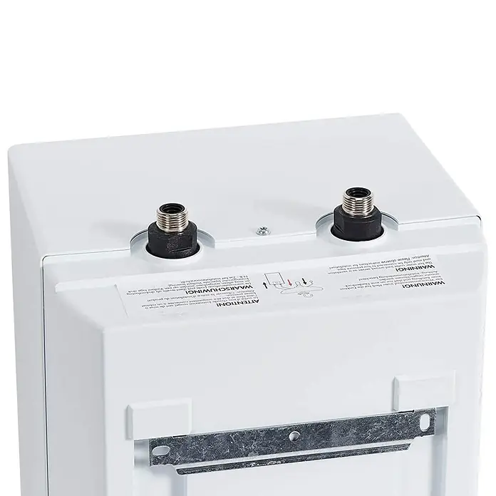 Vaillant Warmwasserspeicher VEN 5/7-5 U Plus - 5 l, 2.000 W, Temperaturbereich: 7 °C - 85 °C, Untertischmontage - Produktansicht: Ein weißer Warmwasserbereiter mit zwei Anschlüssen und Warnhinweisen.