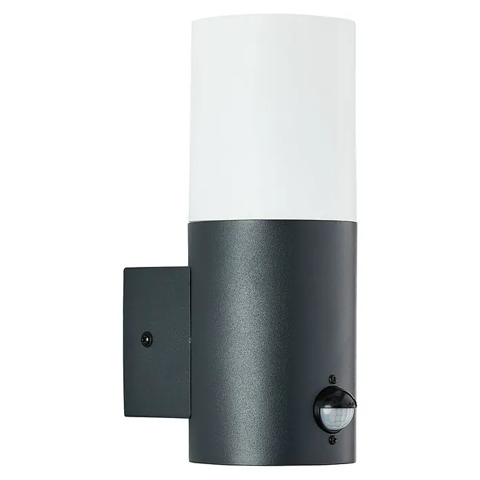 Brilliant Sensor-Außenleuchte - 28 W, 13 x 9 x 23,2 cm, Anthrazit, IP44 - Moderne, graue Außenwandleuchte mit zylindrischem Lampenschirm aus weißem Kunststoff und einem integrierten Bewegungssensor für mehr Sicherheit.