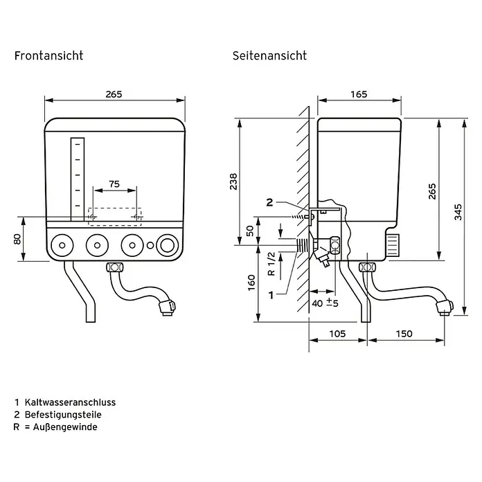 Vaillant Kochendwassergerät VEK 5 L - Fassungsvermögen: 5 l, Heizleistung: 2.400 W, Temperaturbereich: 30 °C - 100 °C - Abbildung eines Boilers mit Maßangaben für Installation und Front-, Seitenansicht.