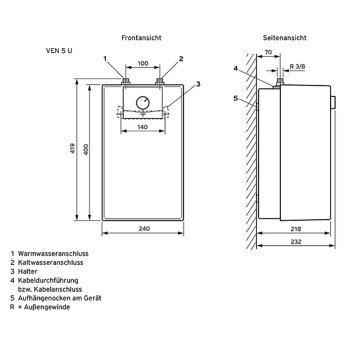 Vaillant Warmwasserspeicher VEN 5/7-5 U Plus - 5 l, 2.000 W, Temperaturbereich: 7 °C - 85 °C, Untertischmontage - Technische Zeichnung des VEN 5 U Warmwasserbereiters mit Maßangaben für Installation und Anschlüsse.