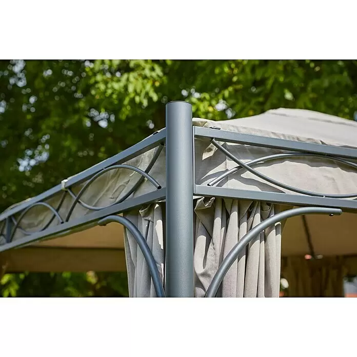 Sunfun Menorca Standard-Pavillon - B x T: 300 x 300 cm, Farbe Gestell: Anthrazit, Stahl - Graues Metallgestell eines Pavillons mit hellgrauem Stoffdach und Vorhängen.