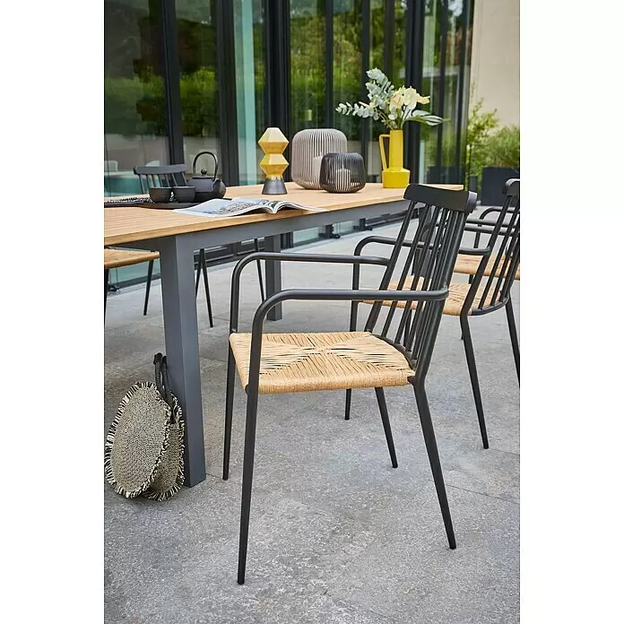 Sunfun Gartenmöbel-Set Carina/Eva - 7 -tlg., Holz, Naturbraun/Anthrazit/Schwarz, Tischplatte ausziehbar - Stimmungsaufnahme
