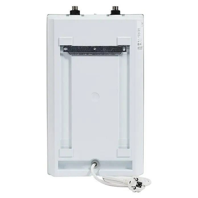Vaillant Warmwasserspeicher VEN 5 U Plus - 5 l, 2.000 W, Temperaturbereich: 7 °C - 85 °C, Untertischmontage - Rückansicht eines weißen Wassererhitzers mit Montagehalterung und Stromkabel.