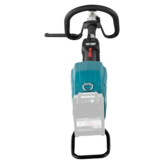 Makita XGT 40V max. Akku-Multifunktionswerkzeug UX01GZ01 inkl. Sensenaufsatz EM404MP - 40 V, Ohne Akku - Nahaufnahme eines Makita Akku-Rasentrimmers mit Griff, Bedienelementen und Akkufach.