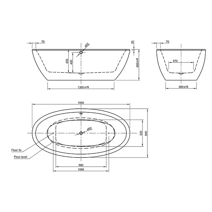 Ottofond Freistehende Badewanne Jade - L x B: 190 x 94 cm, Sanitäracryl, Weiß - Technische Zeichnung einer freistehenden Badewanne mit Maßangaben zu Länge, Breite und Höhe.