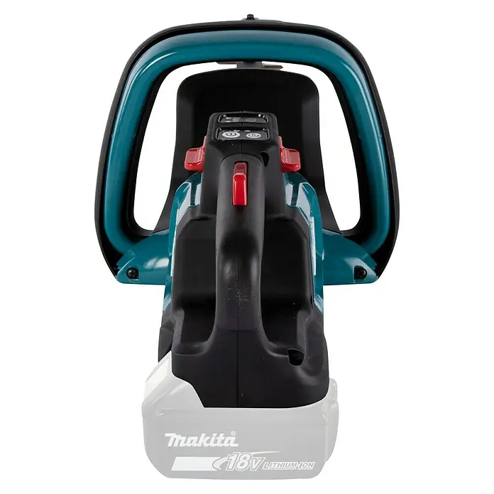 Makita XGT 40V max. Akku-Heckenschere UH006GZ - 40 V, Li-Ionen, Ohne Akku, Schnittlänge: 60 cm - Ansicht der Makita Akku-Heckenschere mit Griff und Akku, perfekt für präzise Gartenarbeiten.