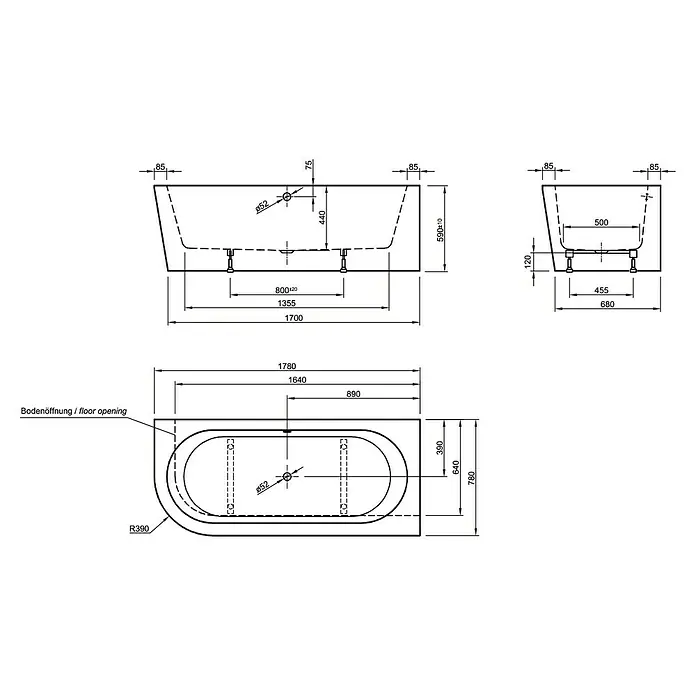 Ottofond Badewanne Siesta Corner - 178 x 78 cm, Sanitäracryl, Schwarz/Weiß, Links - Technische Zeichnung einer Badewanne mit Maßangaben für Installation und Design, inklusive Bodenöffnung und Radius.