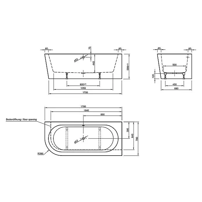 Ottofond Whirlpool Siesta Corner178 x 78 cm, Sanitäracryl, Weiß, Silent, Linksseitig