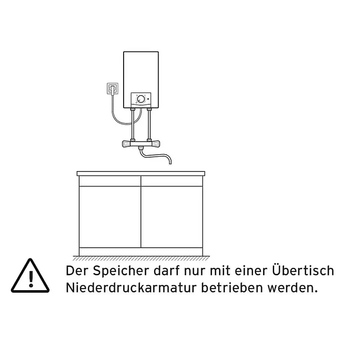 Vaillant Warmwasserspeicher VEN 10 O - 10 l, 2.000 W - Abbildung eines Warmwasserspeichers mit Niederdruckarmatur und Unterschrank.