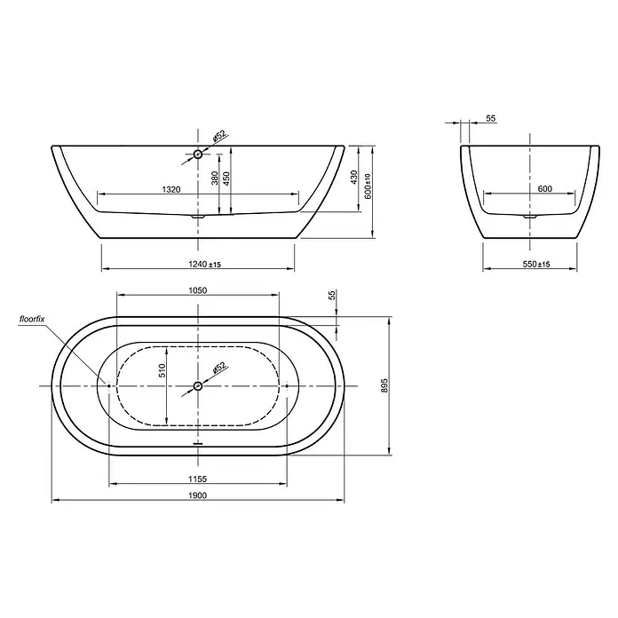 Ottofond Whirlpool Dorado - 190 x 89,5 cm, Sanitäracryl, Weiß, Silent - Technische Zeichnung einer ovalen Badewanne mit Maßen, Ansichten von vorne und oben, Details zu Abfluss und Bodenbefestigung.