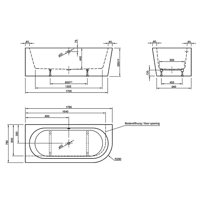 Ottofond Badewanne Siesta Corner - 178 x 78 cm, Sanitäracryl, Schwarz/Weiß, Rechts - Technische Zeichnung einer Badewanne mit Maßangaben.