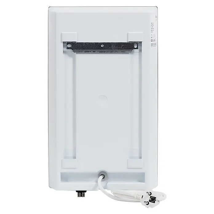 Vaillant Warmwasserspeicher VEN 10 O - 10 l, 2.000 W - Rückansicht eines weißen Warmwasserbereiters mit Montagehalterung, Stromkabel und Stecker für die Wandmontage.